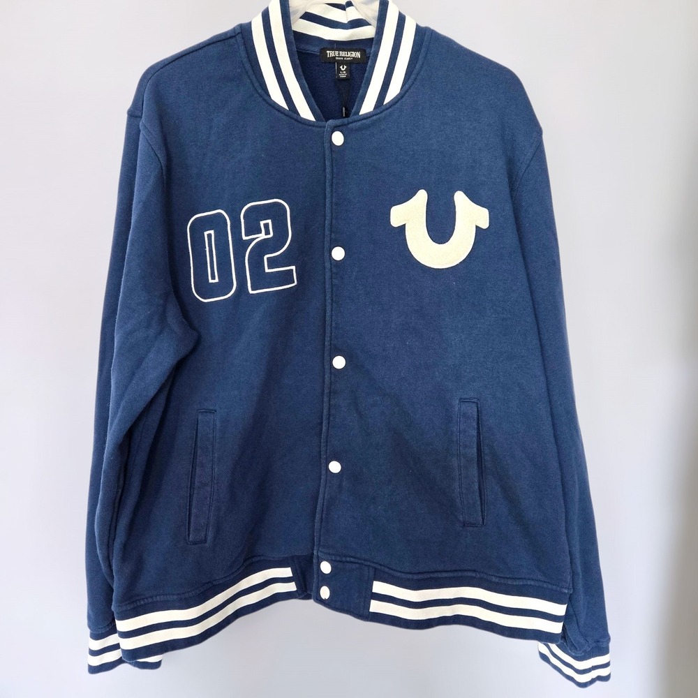 True Religion Mens Navy Blue Varsity Bomber Jacket Fleece Snap Front Size L